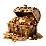 Fototapeta  - treasure box filled with gold isolated on transparent background ,gold treasure box ,generative ai