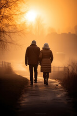 aged couple walking away in a sunny winter road. back view, rear view, full view.