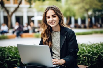 Happy young smiling student woman using laptop sitting in university campus. Generative AI