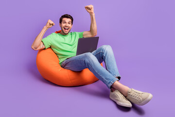 Aufkleber - Full body photo of man programmer specialist fists up celebration hooray awesome his code works perfect isolated on violet color background