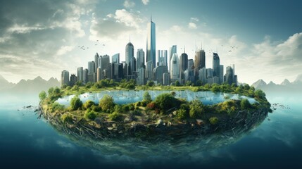 Wall Mural - symbolic 3d image of the globe among elements human activity and nature landscape. eliminate waste a