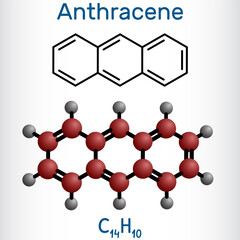 Wall Mural - Anthracene molecule. It is polycyclic aromatic hydrocarbon PAH. Structural chemical formula, molecule model. Vector