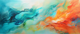 Fototapeta Łazienka - Barwne abstrakcyjne tło malowane pędzlem. Pomarańczowe i niebieskie odcienie. Faliste zworki. 