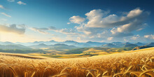 Scenic Landscape Of Endless Fields Of Ripe Wheat Against The Backdrop Of Mountains