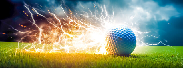 Wall Mural - the golf ball flies in the energy of a flash of lightning