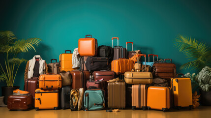 Canvas Print - Many suitcases are piled up against a wall, AI