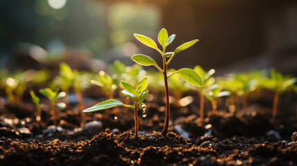 Young plant growing in the morning light and green nature bokeh background , new life growth ecology business financial progress concept, Earth Day