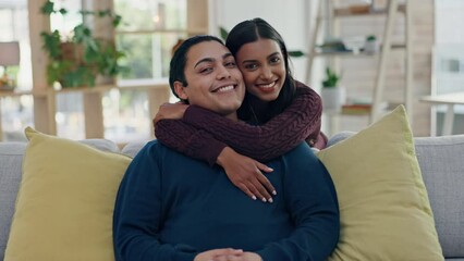 Sticker - Home, happiness and relax couple hug, bond and connect with love, support and romantic commitment to marriage partner. Trust, portrait and Indian woman, man or people hugging on living room couch