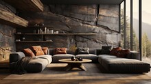 Cozy Interior In Modern Luxury Chalet. Stone Wall, Large Corner Sofa, Coffee Table, Bookshelves, Rug On Wooden Floor. Panoramic Window With Forest View. Rustic Home Design. Mockup, 3D Rendering.