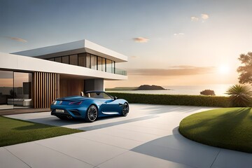 Illustration of a modern car parked in front of a luxurious villa created with Generative AI technology