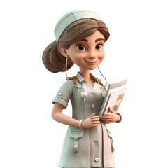 Canvas Print - 3D illustration of a cute nurse with a map isolated on white background