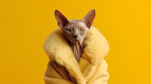 A Sphinx Cat In A Yellow Fur Coat, On A Yellow Background. A Cat In Clothes.