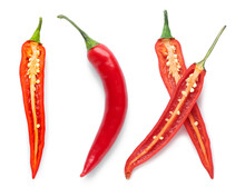 Red Chili Peppers On White Background, Top View
