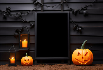 Wall Mural - halloween welcome signboard mockup with pumpkins, lantern and fallen leaves. black board with autumn