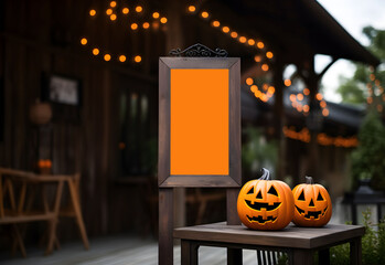 Wall Mural - halloween welcome signboard mockup with pumpkins. blank board with autumn holiday decoration with co