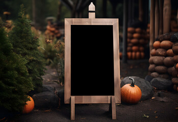 Wall Mural - halloween welcome signboard mockup with pumpkins in the garden. black board with autumn holiday deco