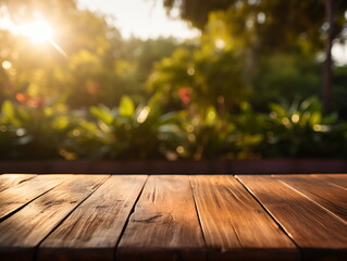 Wall Mural - Wooden floor perspective and green forest with ray of light.