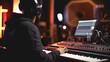 Un producteur de son en train de faire des réglages sur une table de mixage dans son studio.