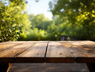 Wall Mural - Wooden floor perspective and green forest with ray of light.