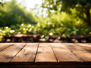 Wall Mural - Wooden floor perspective and green forest with ray of light.