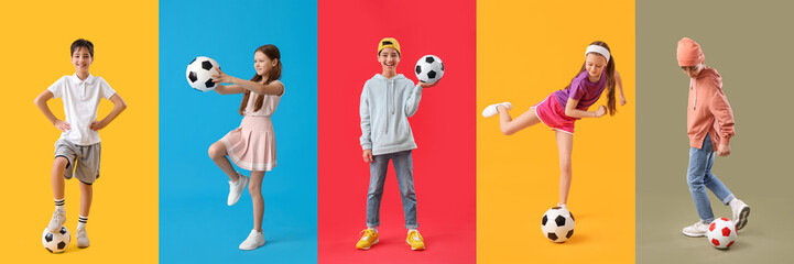 Wall Mural - Set of children with soccer balls on colorful background