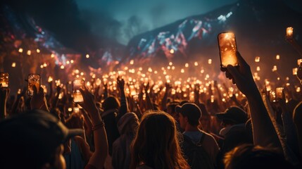 Poster - A crowd of people at a live event, concert or party holding hands and smartphones up. Generative AI