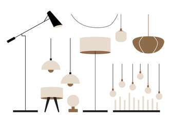 vector set of different types of indoor lighting: pendant, ceiling light, spotlight, wall light, tab