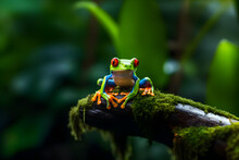 A Red-Eyed Tree Frog Rests On A Mossy Branch In The Dense Rainforest