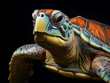 Green Sea Turtle Swimming In Deep Blue Ocean. 3D Illustration.