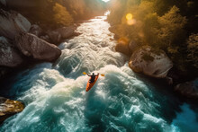 Aerial Top View Of Extreme Sport. Kayak Sails Mountain River. Rafting, Kayaking. Generative AI