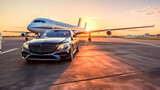 Luxury car and private jet on the runway. Business class service at the airport. Airport transfer.

