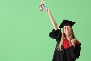 Sticker - Female graduate student with UK flag on green background