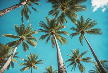 Wall Mural - Blue sky and palm trees from below - vintage style, tropical beach, summer background, travel concept