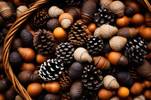 Close-up Of Acorns And Pine Cones Collected In A Wicker Basket. 
