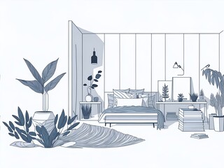 Wall Mural - Modern living room blueprint style draw. AI generated illustration