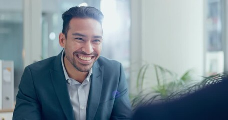 Leinwandbilder - Meeting, interview or job opportunity with a business man in a human resources office for recruitment. Face, hiring and smile with a happy young employee talking to a colleague in the workplace