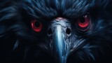 Close-up of a ruffled head of a black bird with red eyes looking at the camera. Crow or raven with mystical bloody eyes. The look of a predator. Illustration for cover, interior design, decor, print.