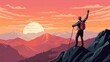 Man standing on top of mountain with hands up and enjoying the view. Celebrating success with raised hands. Travel concept. View from a height of the mountainous area at sunset. Illustration for cover
