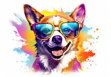 Stylish Dog Posing In Sunglasses. Close Portrait Of Furry Puppy In Fashion Style Is Painted With Watercolor Paints With Splashes Of Paint. Printable Design For T-shirt, Mug, Case, Etc. Illustration.
