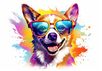 Wall Mural - Stylish dog posing in sunglasses. Close portrait of furry puppy in fashion style is painted with watercolor paints with splashes of paint. Printable design for t-shirt, mug, case, etc. Illustration.
