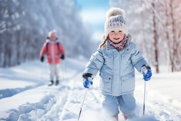 Wall Mural - Child on skis on a snow covered trail, smiling, blurred background