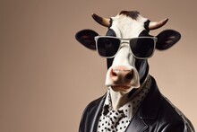 A Portrait Of A Funky Bull Cow With Horns Wearing Sunglasses, Funky Black Jacket On A Seamless Beige Colored Background