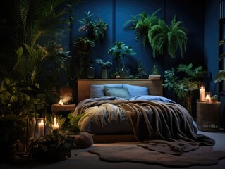 Poster - A bed in a room with plants and candles. Generative AI.