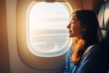 Wall Mural - Smiling woman seated by the window on an airplane.