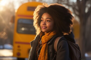 Wall Mural - African American teenage girl student after getting off school bus.