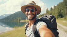 Handsome Young Man Wearing Sun Hat And Sunglasses Taking Selfie On Summer Vacation Day. Happy Hiker With Backpack Smiling. 