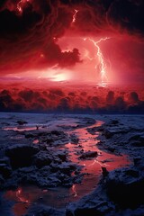 Canvas Print - a red sky with clouds and lightning. Generative AI Art.