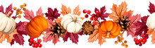 Seamless Border With Pumpkins, Red, Pink, And Orange Autumn Leaves, Pinecones, And Rowanberries. Vector Illustration