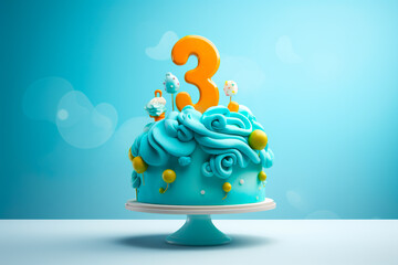 Blue birthday cake with number three on top on blue background