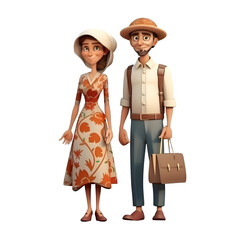 Sticker - 3D Render of Cartoon Couple with Backpack and Suitcase